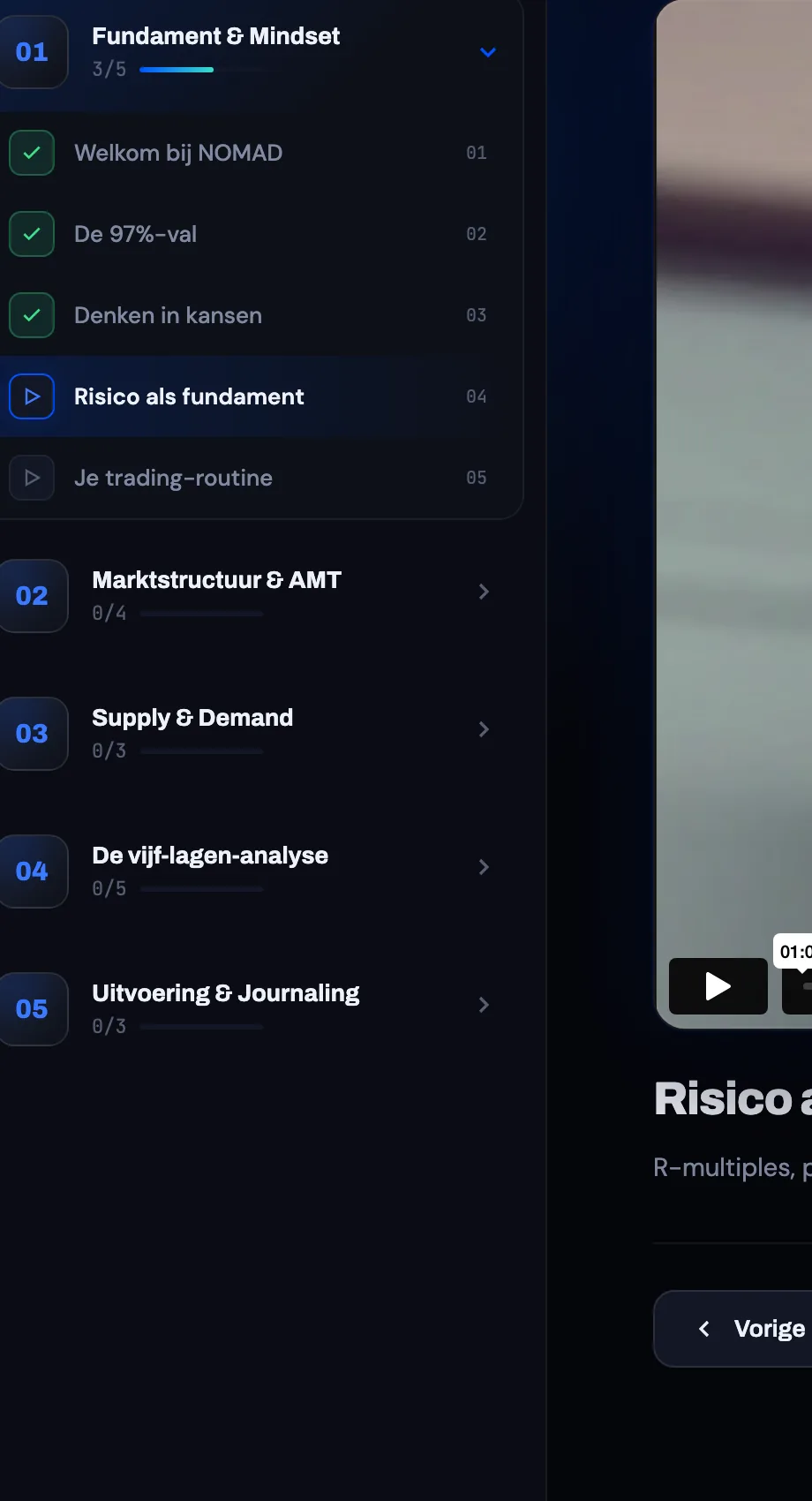 NOMAD academy — de leerlijn: modules en video-lessen met voortgang